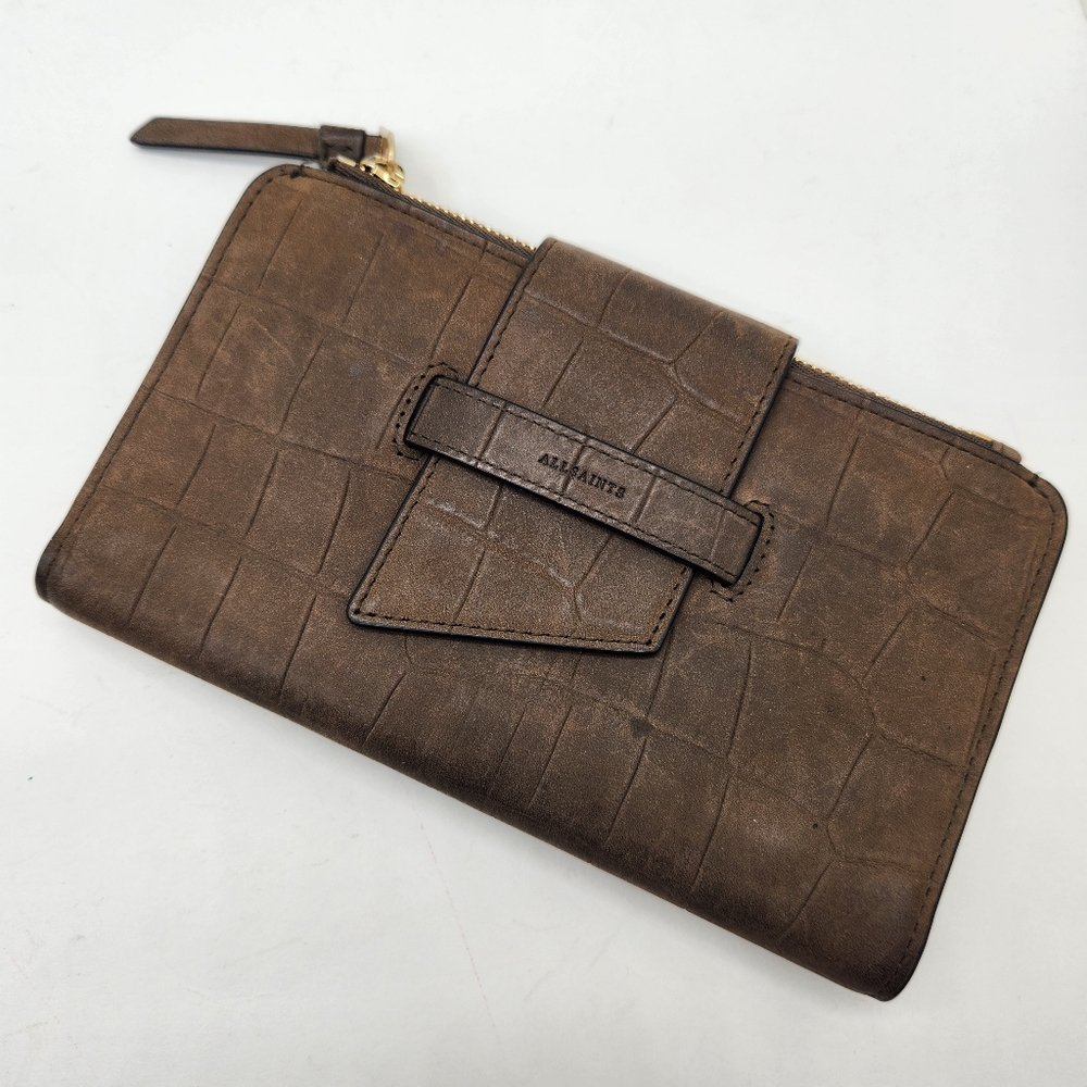 All Saints wallet women's khaki brown green leather Ray croc embossed bifold